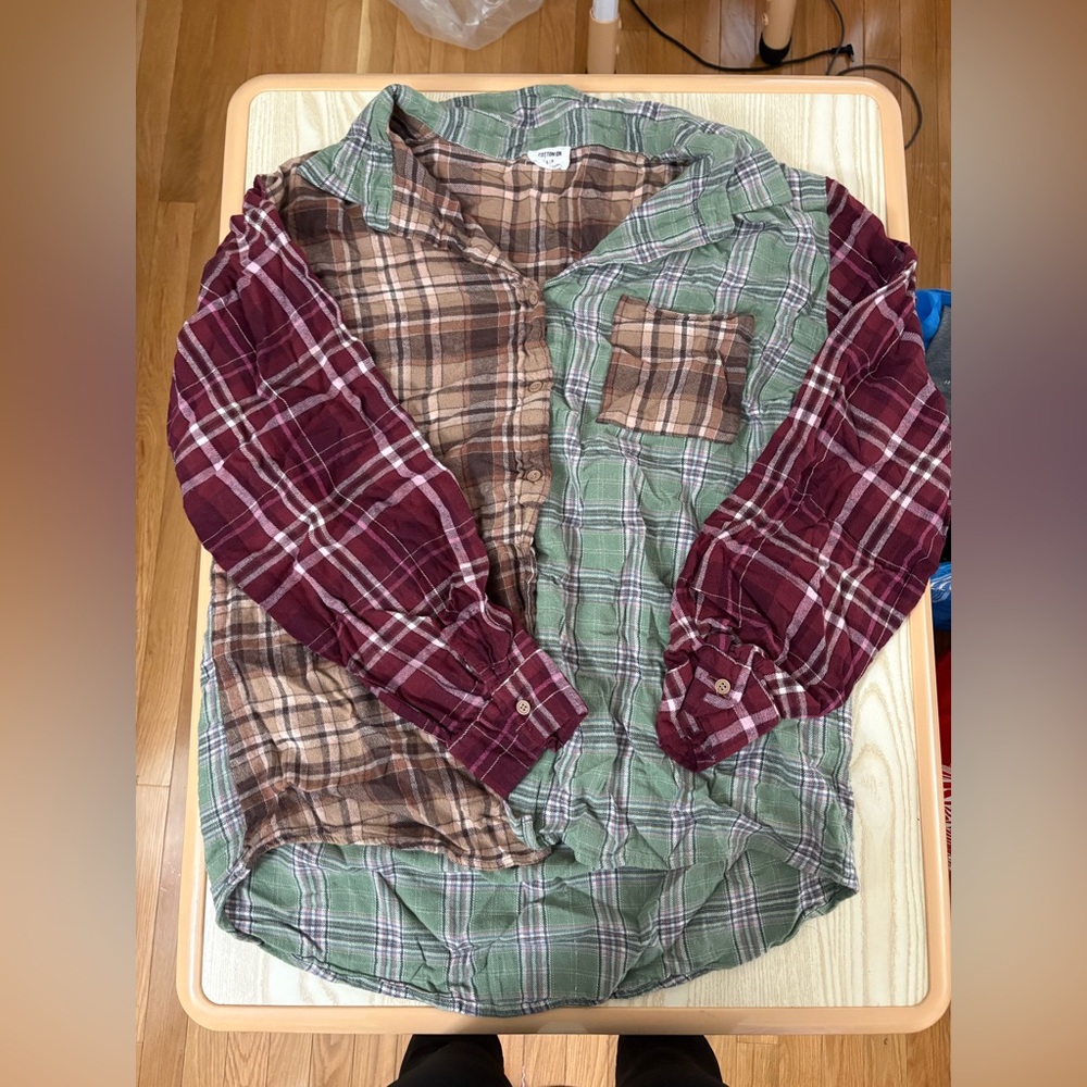 Cotton On Plaid Patchwork Shirt - Green, Brown, Red